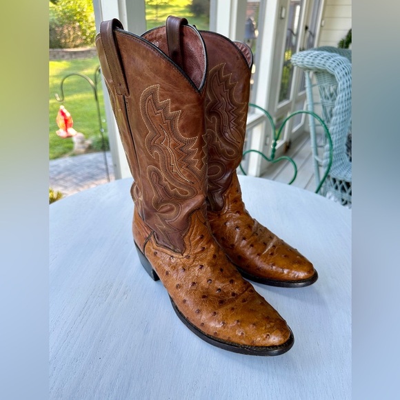 DAN POST, GENUINE FULL QUILL OSTRICH & LEATHER MENS BOOTS. DECORATIVE STITCHING - Picture 1 of 12
